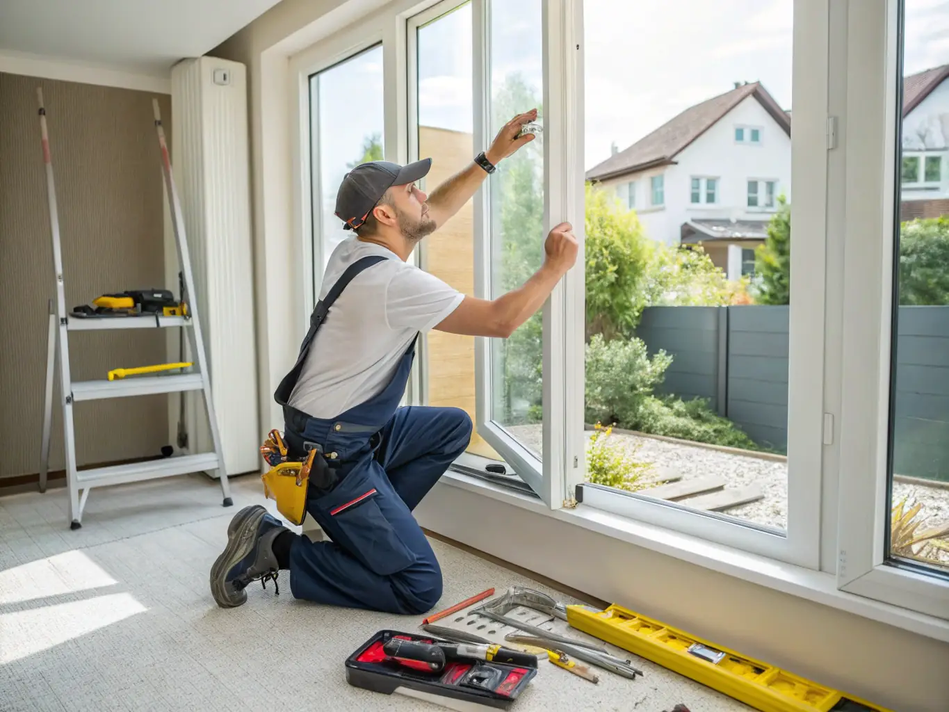 A craftsman installing a custom bay window in a home, highlighting the precision and care taken during the installation process.